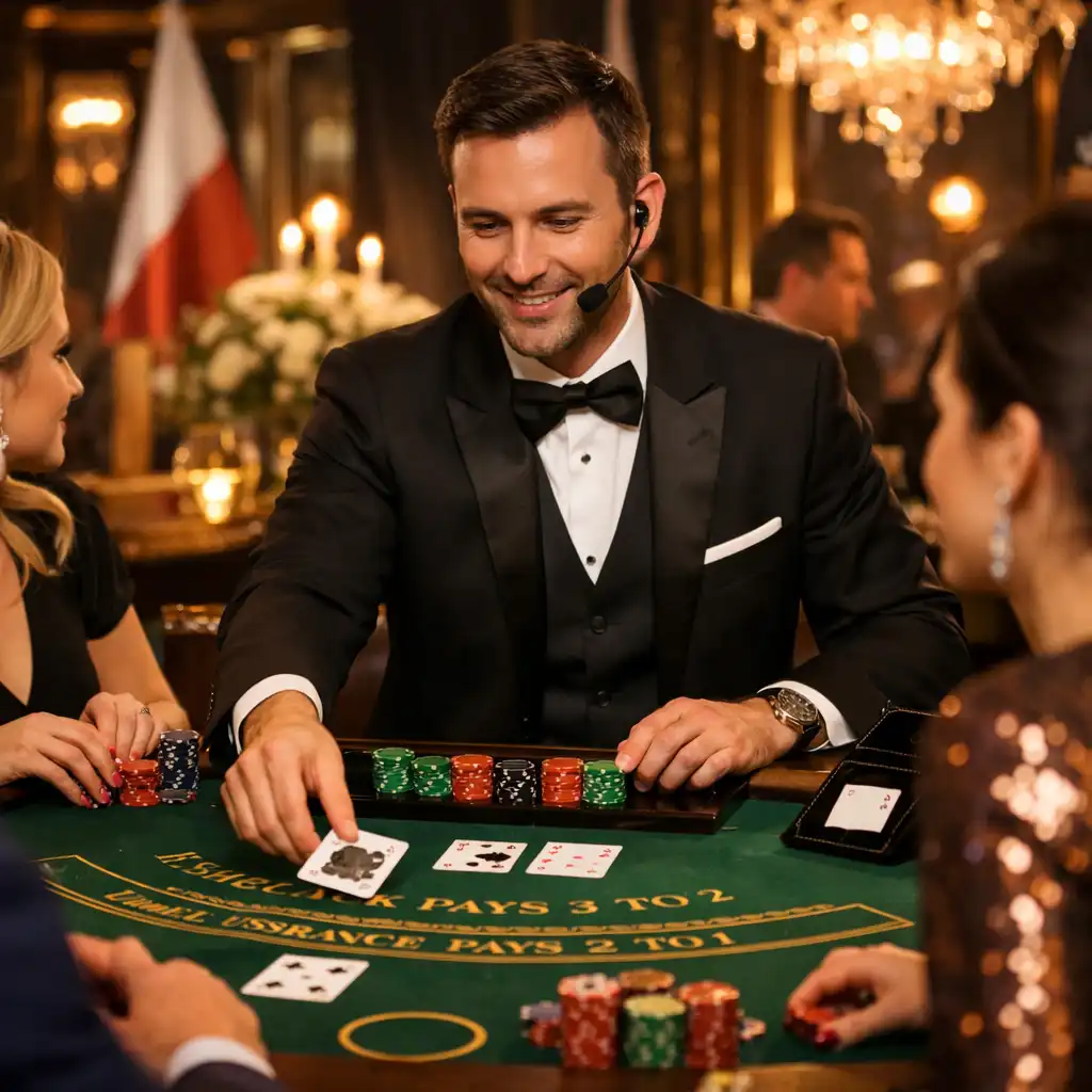 Moderator prowadzący stół do blackjacka na wydarzeniu firmowym