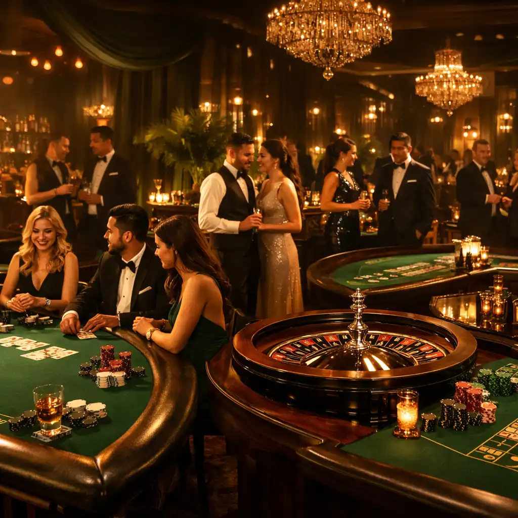 Elegancka scenografia eventu kasynowego w ciemnozielonej tonacji